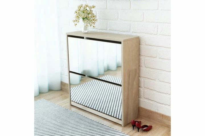 Skoskap 2 Høyder Speil Eik 63x17x67 Cm